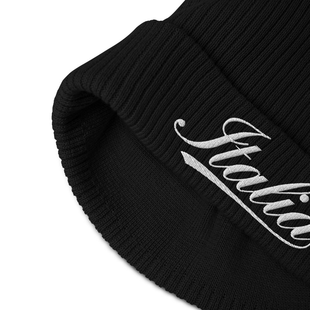 Italia White Logo Organic Ribbed Beanie