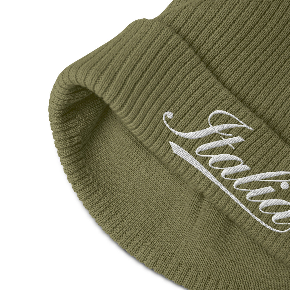 Italia White Logo Organic Ribbed Beanie