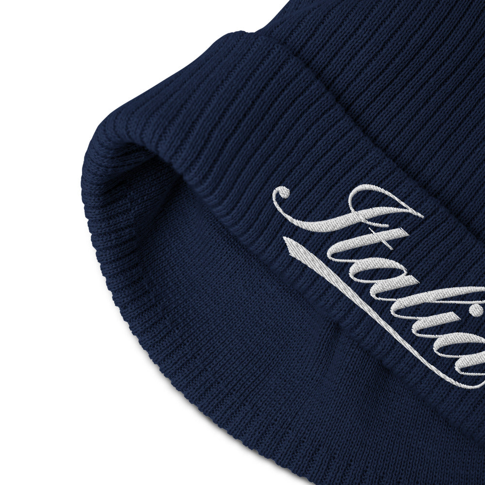 Italia White Logo Organic Ribbed Beanie