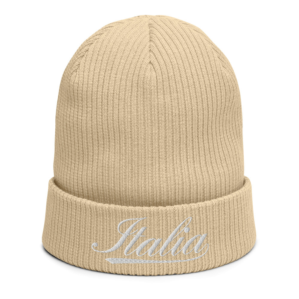 Italia White Logo Organic Ribbed Beanie